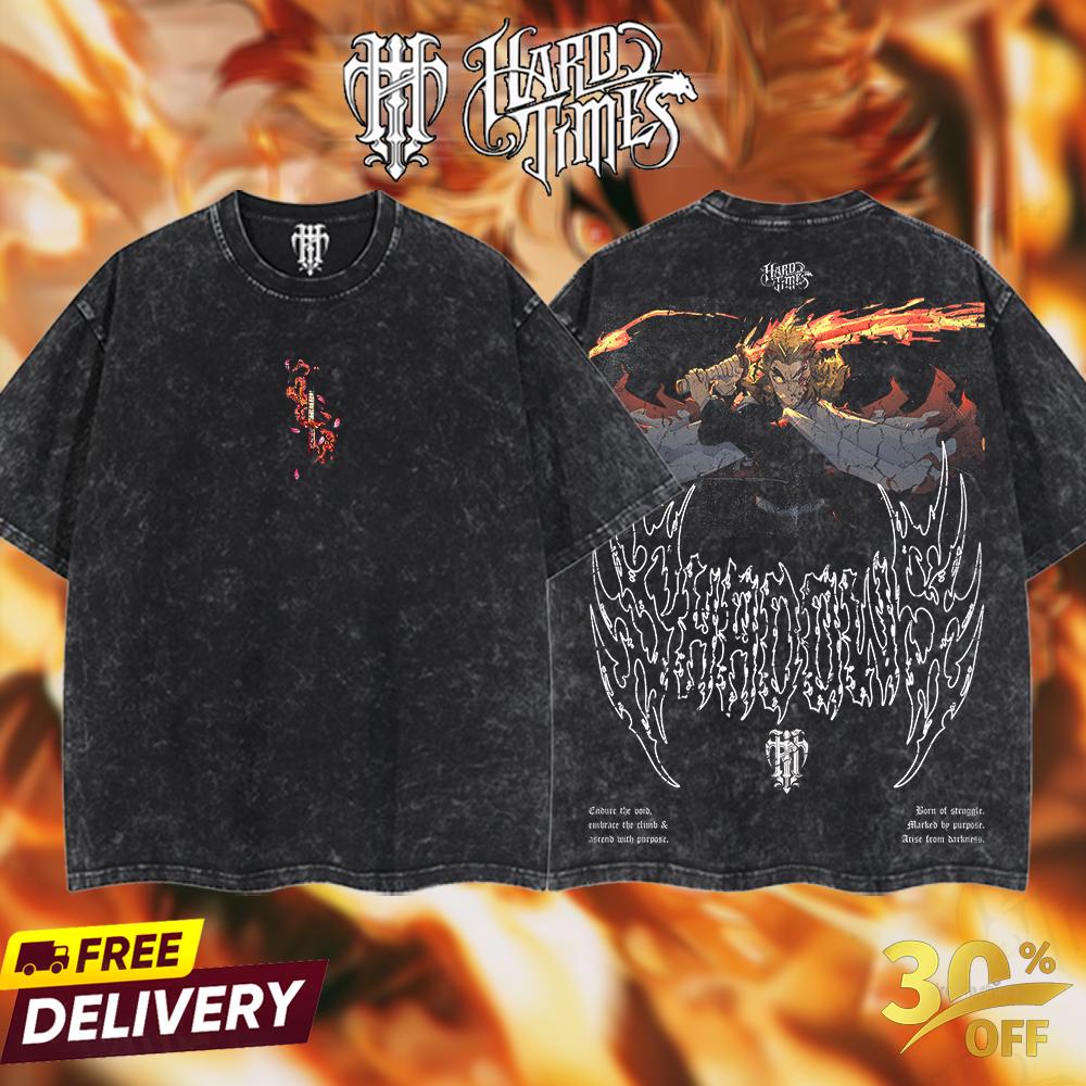 HardTimeClothing - Rengoku Demonslayer Retro Vintage Unisex Oversize Anime Manga Acid Washed Heavyweight Cotton T-shirt, Anime Merch, Gift For Anime Fan. Clothes Oversized Streetwear Classic