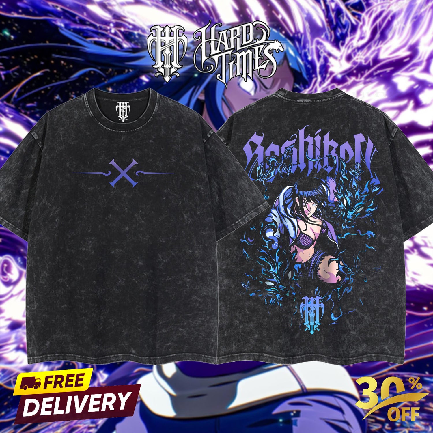 HardTimesClothings - "Hinata" Naruto Retro Vintage Unisex Oversize Anime Manga Acid Washed Heavyweight Cotton T-shirt, Anime Merch, Gift For Anime Fan. Clothes Oversized