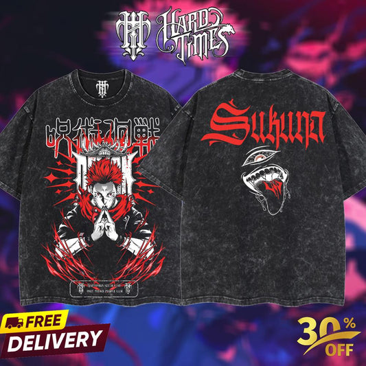 HardTimesClothing Sukuna v1 15.1 Jujutsu Kaisen season 3 2026 Retro Vintage Unisex Oversize Anime Manga Acid Washed Heavyweight Cotton T-shirt, Anime Merch, Gift For Anime Fan. Menswear Oversized