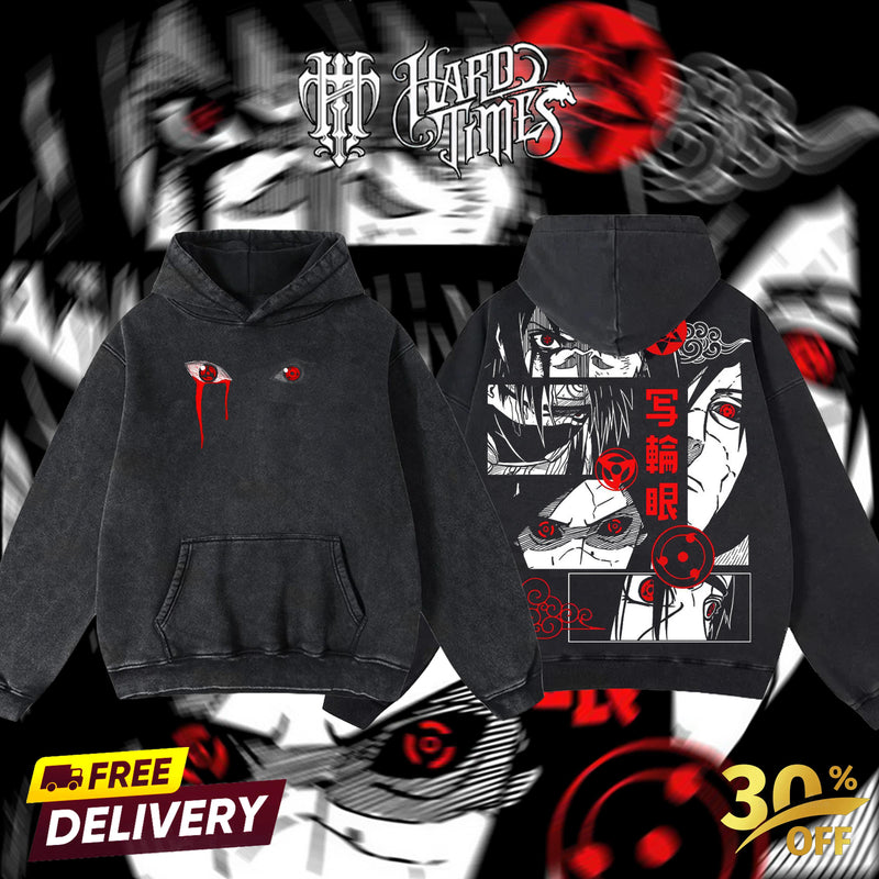HardTimesClothing - Uchiha Clan Sharingan Naruto Anime Double Printed Oversize Lightweight Acid Washed Tee Clothes Cotton Menswear Soft T-Shirt Top Man Classic