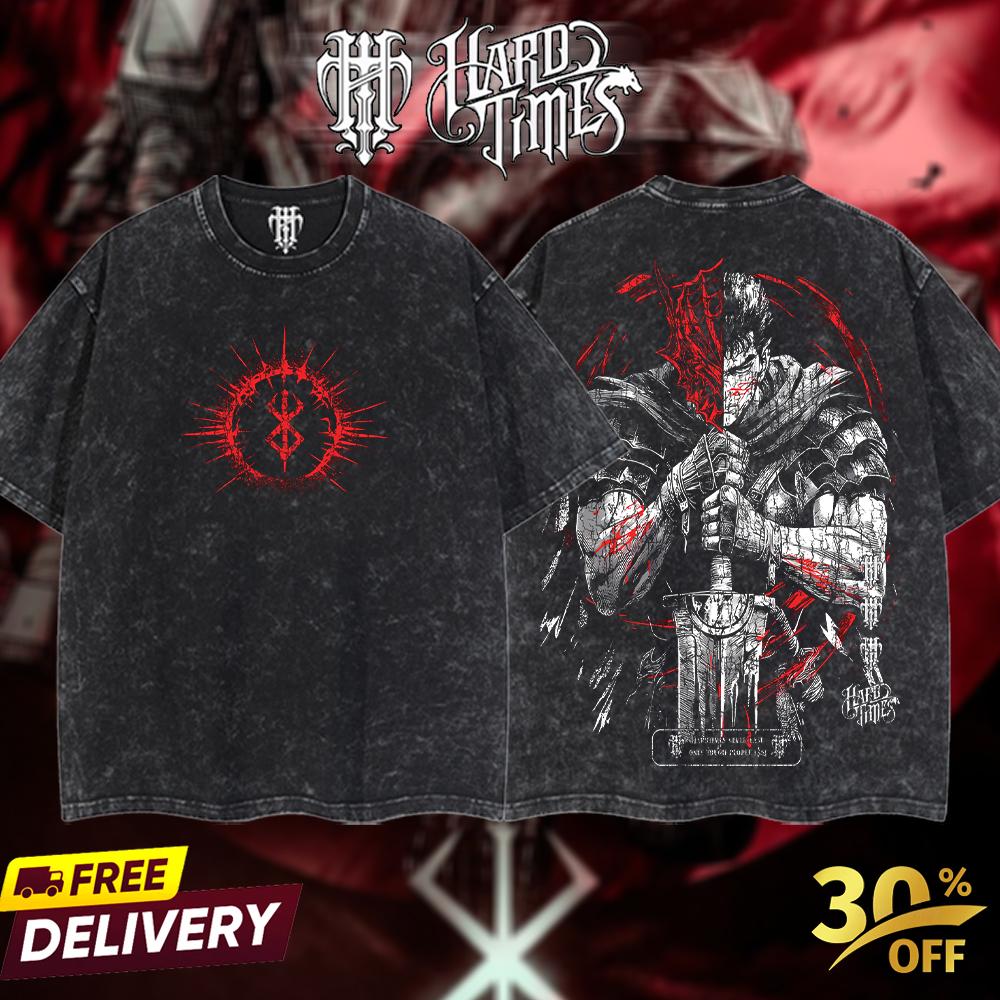 HardTimesClothing - Guts Berserk Retro Vintage Unisex Oversize Anime Manga Acid Washed Heavyweight Cotton T-shirt, Anime Merch, Gift For Anime Fan. Clothes Oversized