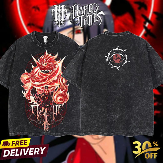 HardTimesClothing - "Itachi" Naruto Retro Vintage Unisex Oversize Anime Manga Acid Washed Heavyweight Cotton T-shirt, Anime Merch, Gift For Anime Fan. Clothes Oversized