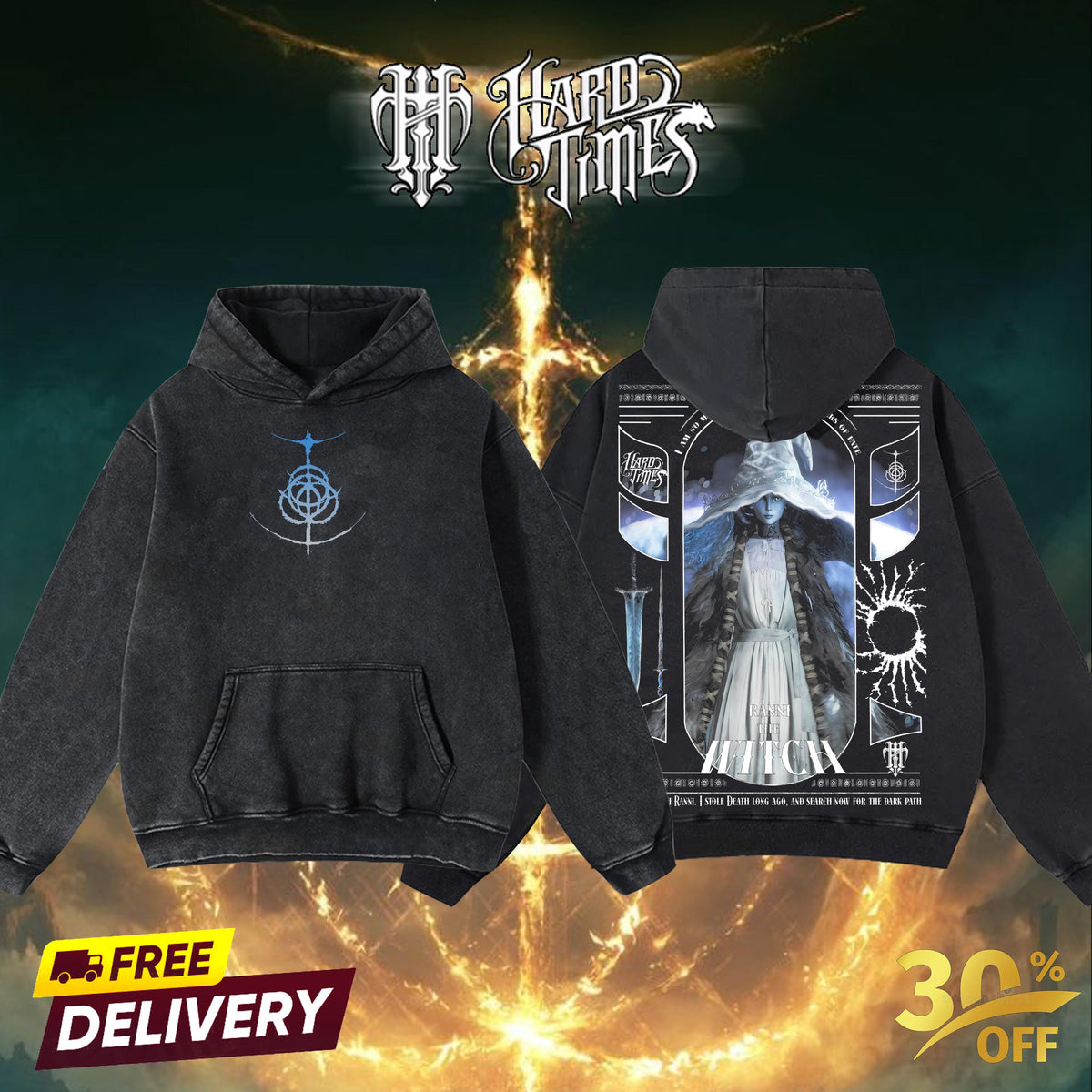 HardTimesClothing Ranni the Witch 22.10 Elden Ring Retro Vintage Unisex Oversize Anime Manga Acid Washed Heavyweight Cotton T-shirt, Anime Merch, Gift For Anime Fan. Menswear Oversized