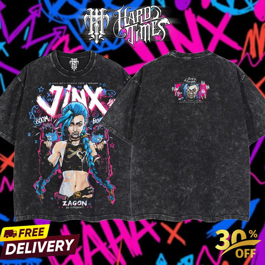 HardTimesClothing - Jinx v3 Arcane 21.11  Retro Limited Vintage , From Software Collection Game Oversized Washed Tee Acid Washed Lightweight TSHIRT, Gift for him her Clothes Cotton