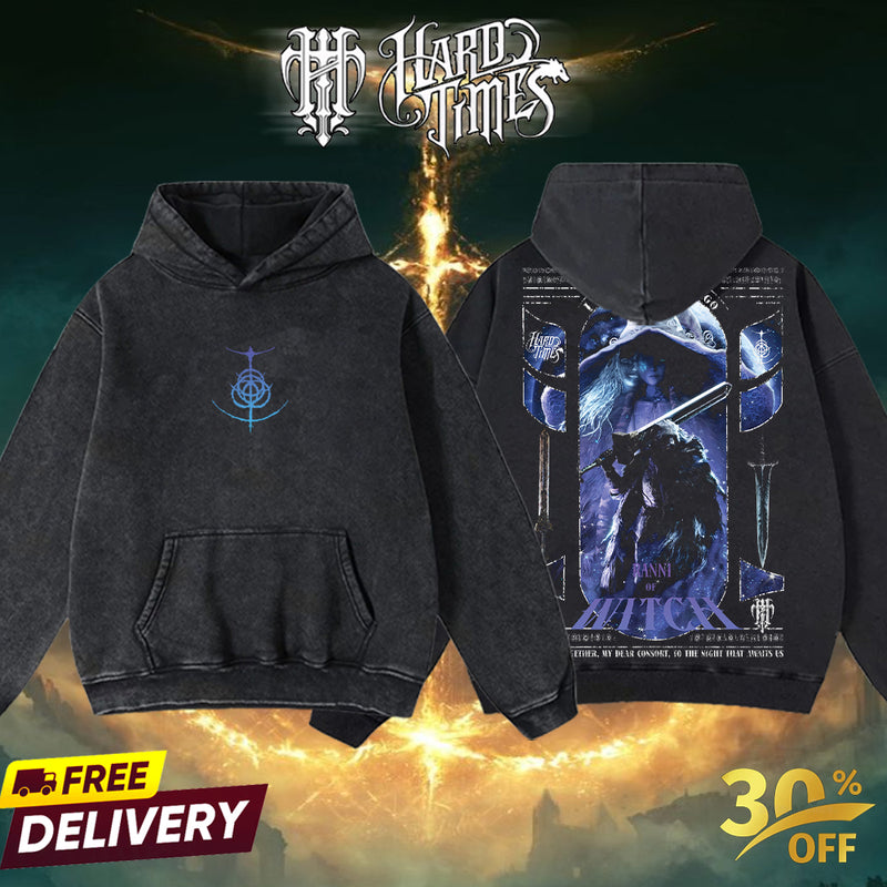 HardTimesClothing - Ranni the Witch x Blaidd the Half-Wolf Elden Ring Retro Vintage Unisex Oversize Anime Manga Acid Washed Heavyweight Cotton T-shirt, Anime Merch, Gift For Anime Fan.