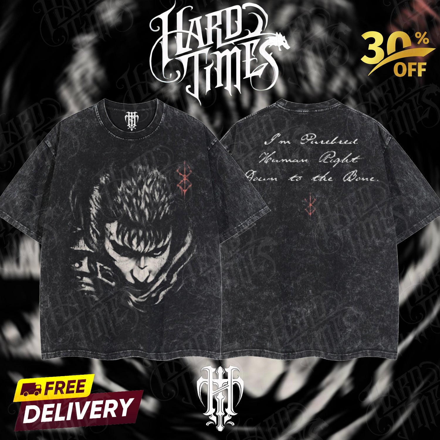 HardTimesClothing - Guts Berserk Retro Vintage Unisex Oversize Anime Manga Acid Washed Heavyweight Cotton T-shirt, Anime Merch, Gift For Anime Fan. Clothes Oversized