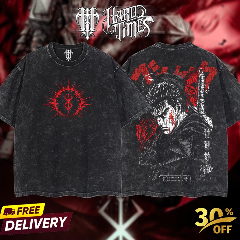 HardTimesClothing - Guts Berserk Retro Vintage Unisex Oversize Anime Manga Acid Washed Heavyweight Cotton T-shirt, Anime Merch, Gift For Anime Fan. Clothes Oversized