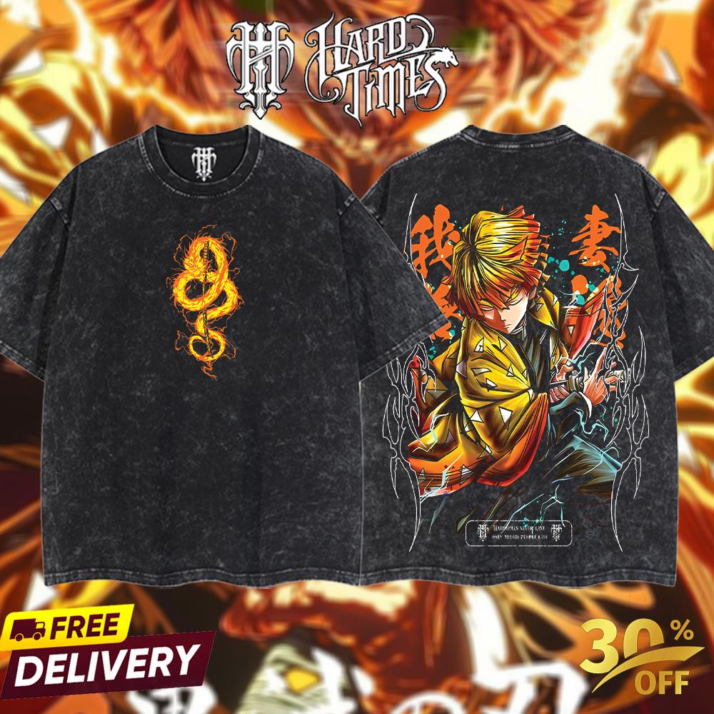 HardTimesClothing - Zenitsu Demons Slayer  Retro Edition Vintage Unisex Oversize Anime Manga Acid Washed Cotton T-shirt, graphic tee,anime merch fan, outfits men,boys merch