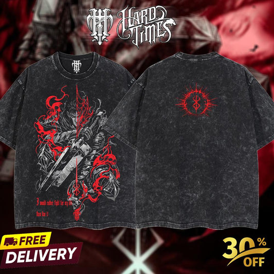 HardTimesClothing - Guts Berserk Retro Vintage Unisex Oversize Anime Manga Acid Washed Heavyweight Cotton T-shirt, Anime Merch, Gift For Anime Fan. Clothes Oversized