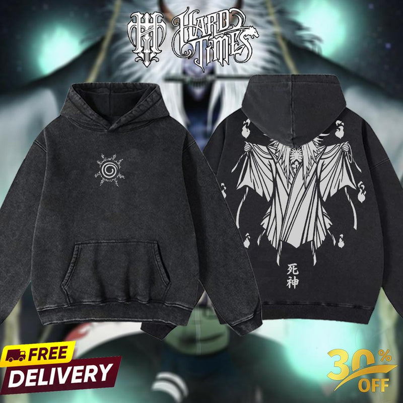 HardTimesClothing - Uzumaki Naruto Anime Limited Edition Death Reaper Seal Double Printed Oversize Lightweight Acid Washed Hoodie, graphic hoodies men streetwear