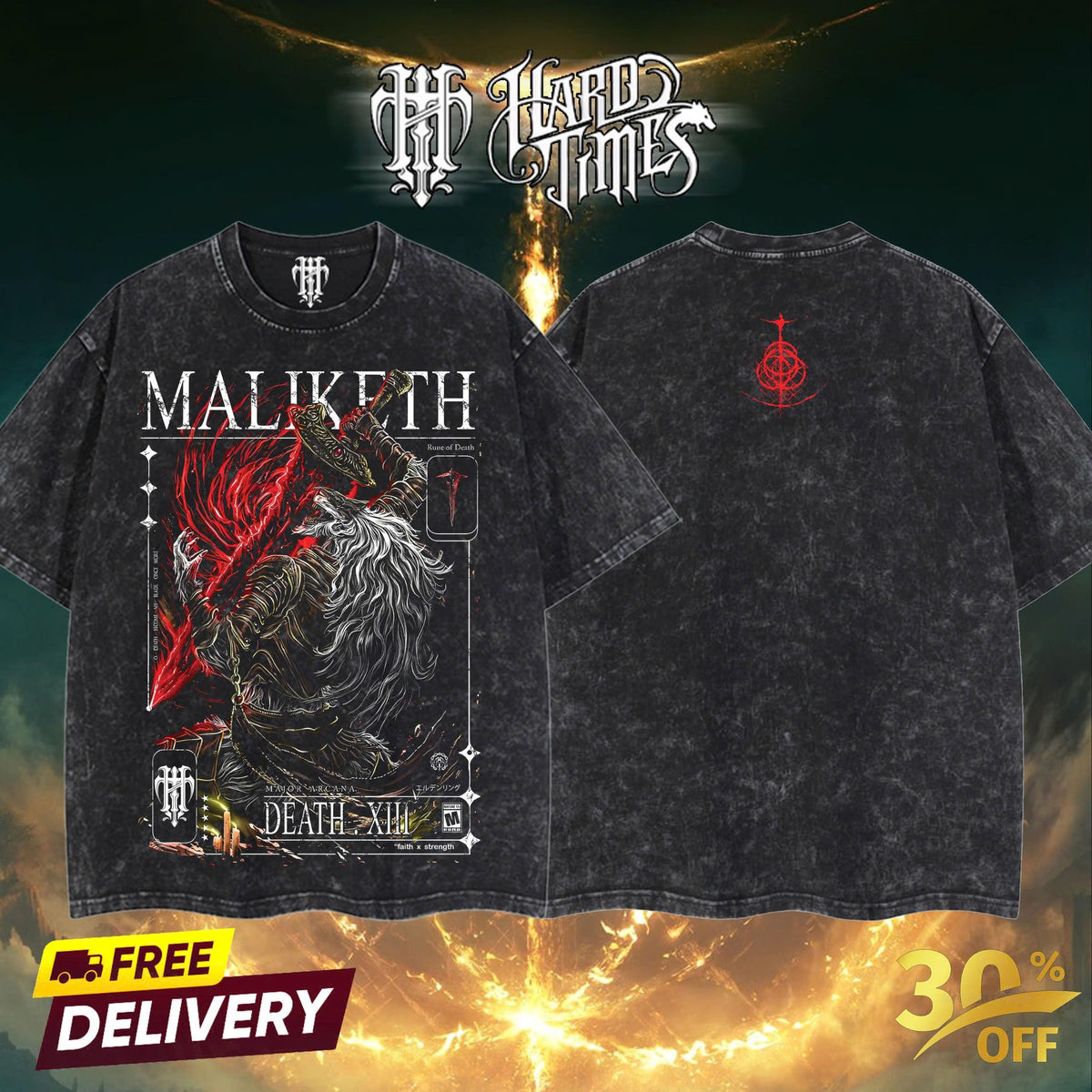 HardTimesClothing - MALIKETH Eldenring boss Retro Vintage Unisex Oversize Anime Manga Acid Washed Heavyweight Cotton T-shirt, Anime Merch, Gift For Anime Fan. Clothes Oversized