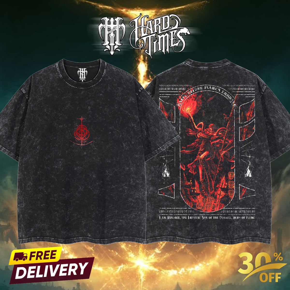 HardTimesClothing - Messmer The Impaler Elden Ring Vintage Unisex Oversize Anime Manga Acid Washed Heavyweight Cotton T-shirt, Anime Merch, Gift For Anime Fan.