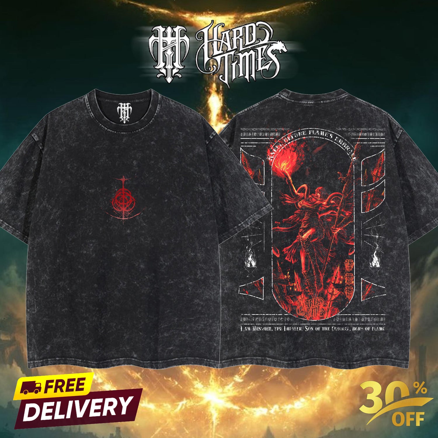 HardTimesClothing - Messmer The Impaler Elden Ring Vintage Unisex Oversize Anime Manga Acid Washed Heavyweight Cotton T-shirt, Anime Merch, Gift For Anime Fan.