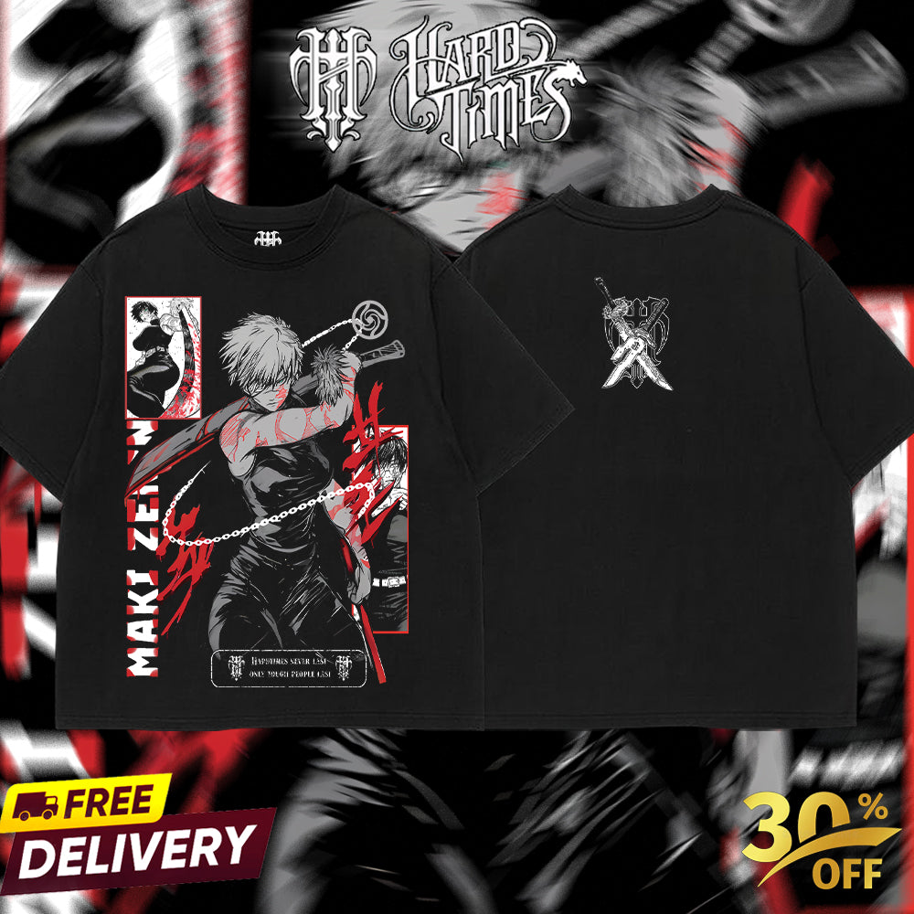HardTimesClothing Maki Zenin Jujutsu Kaisen Season 3 2026 Retro Vintage Unisex Oversize Anime Manga Acid Washed Heavyweight Cotton T-shirt, Anime Merch, Gift For Anime Fan. Menswear Oversized