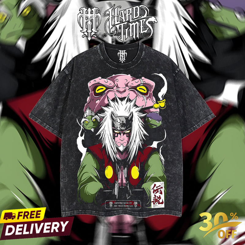 HardTimesClothing - Jiraiya Sannin Naruto Anime Limited Edition Death Reaper Seal Double Printed Oversize Lightweight Acid Washed Hoodie, graphic hoodies men streetwear