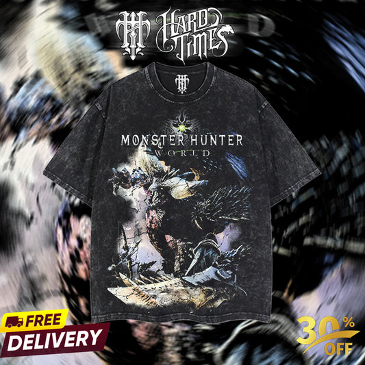 HardTimesClothing - Monster Hunter World Retro Limited Vintage From Software Collection Game Oversized Washed Tee Acid Washed Lightweight TSHIRT, Gift for him her Clothes Cotton