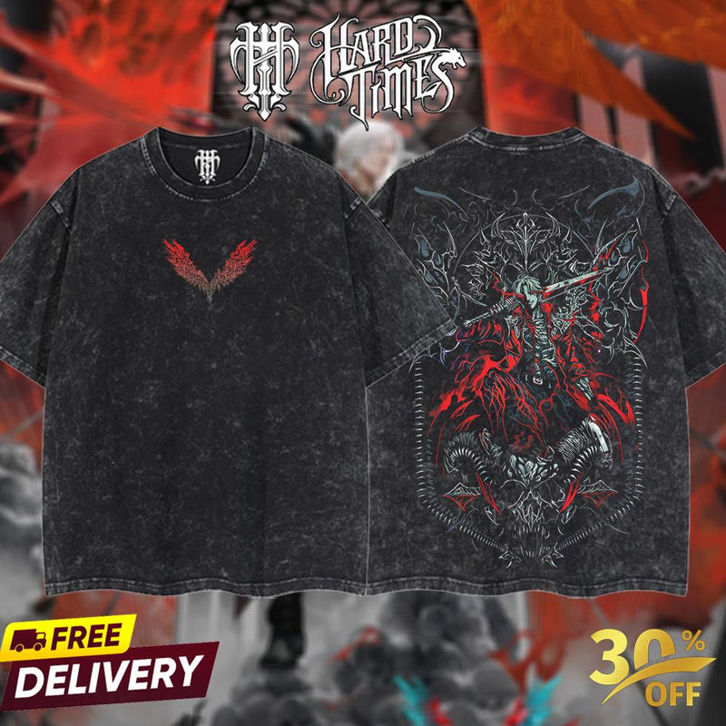 HardTimeClothing - Dante Devil Hunter - Devil May Cry Retro Vintage Unisex Oversize Anime Manga Game Acid Washed Heavyweight Cotton T-shirt, Anime Merch, Gift For Anime Fan. Clothes Oversized