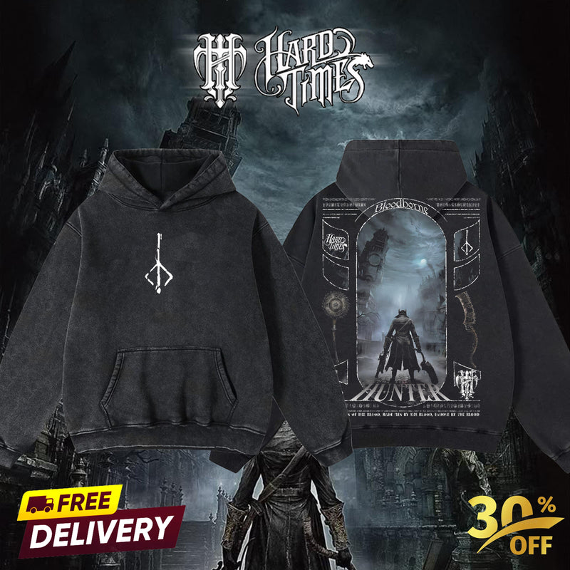 HardTimesClothing The Hunter Bloodborne Elden Ring Retro Vintage Unisex Oversize Anime Manga Acid Washed Heavyweight Cotton T-shirt, Anime Merch, Gift For Anime Fan. Menswear Oversized