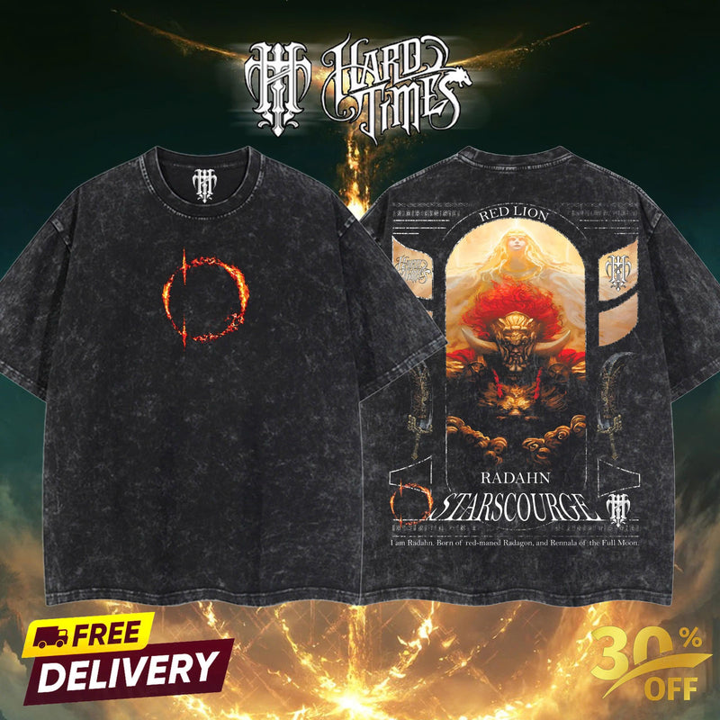 HardTimesClothing Radahn Starscourge miquella consort Elden Ring Boss Retro Vintage Unisex Oversize Anime Manga Acid Washed Heavyweight Cotton T-shirt, Anime Merch, Gift For Anime Fan. Menswear Oversized