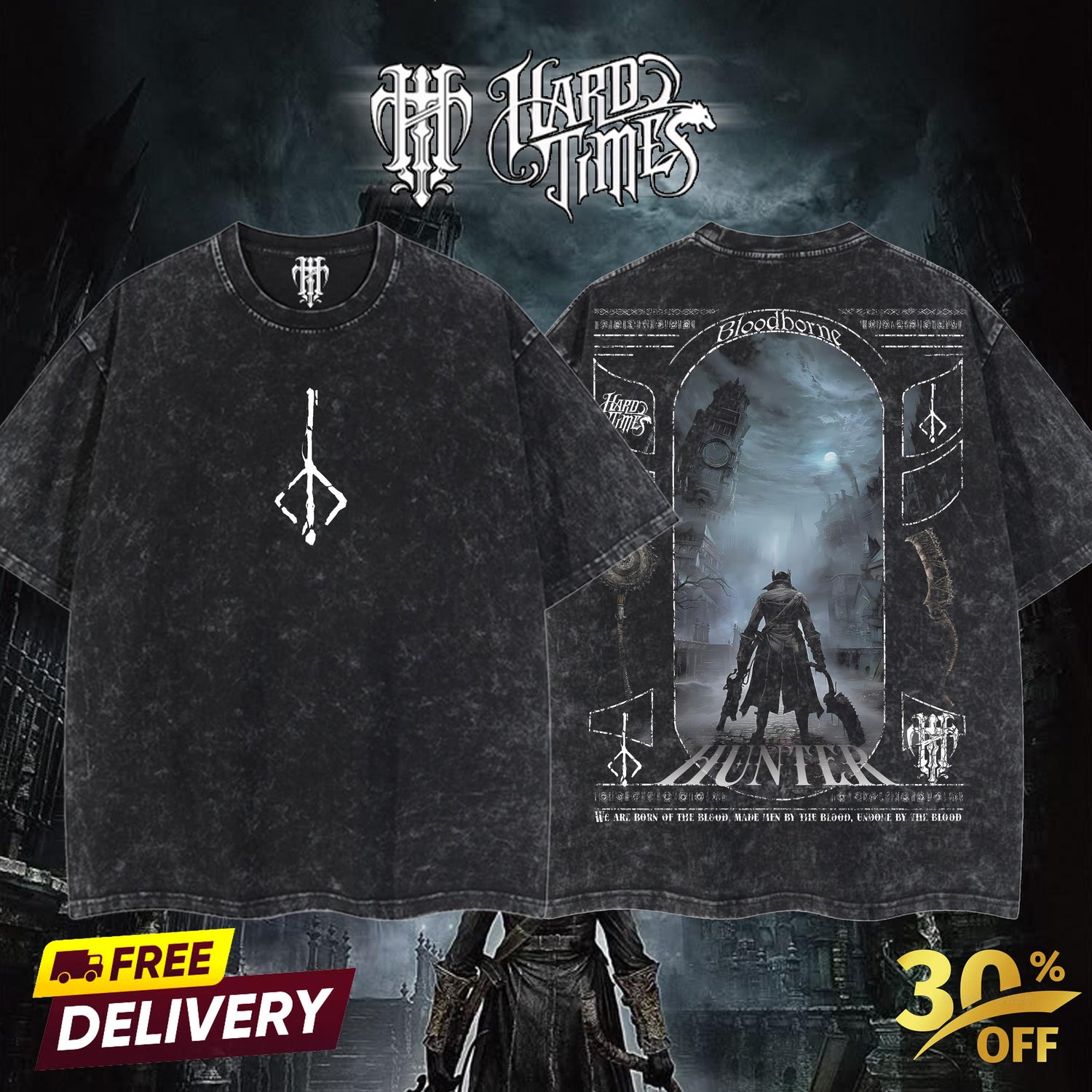 HardTimesClothing The Hunter Bloodborne Elden Ring Retro Vintage Unisex Oversize Anime Manga Acid Washed Heavyweight Cotton T-shirt, Anime Merch, Gift For Anime Fan. Menswear Oversized