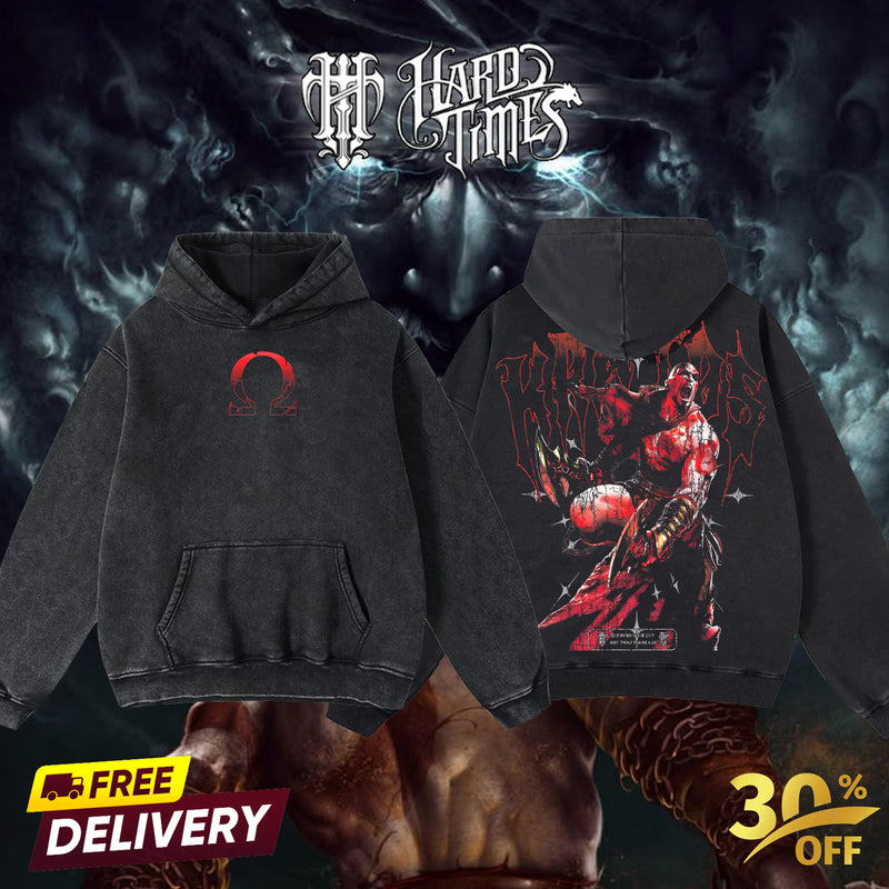 HardTimeClothing - Kratos God Of War Retro Vintage Unisex Oversize Anime Manga Acid Washed Heavyweight Cotton T-shirt, Anime Merch, Gift For Anime Fan. Clothes Oversized