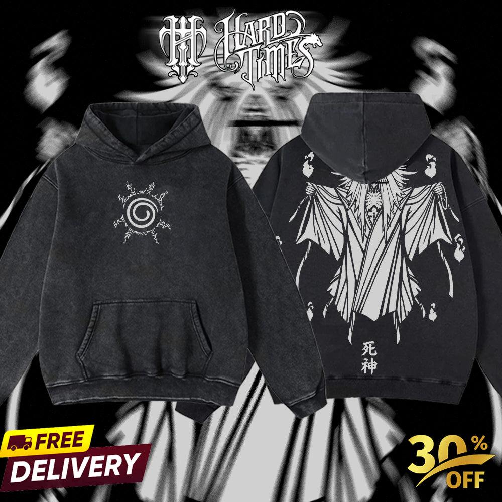 HardTimesClothing - Reaper Death Naruto Anime Limited Edition Death Reaper Seal Double Printed Oversize Lightweight Acid Washed Hoodie, graphic hoodies men streetwear