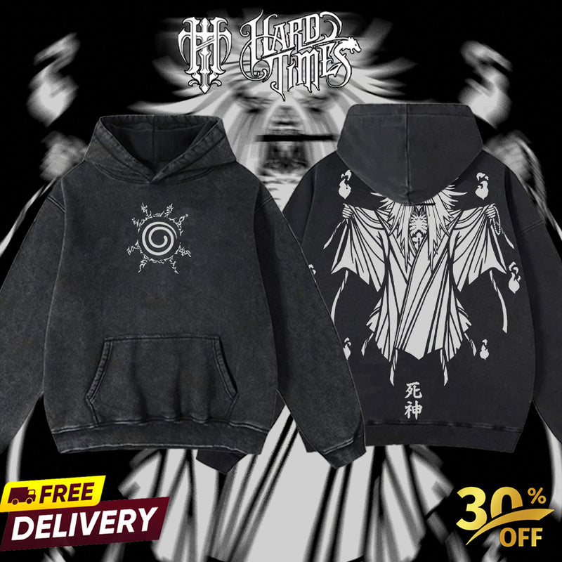 HardTimesClothing - Reaper Death Naruto Anime Limited Edition Death Reaper Seal Double Printed Oversize Lightweight Acid Washed Hoodie, graphic hoodies men streetwear