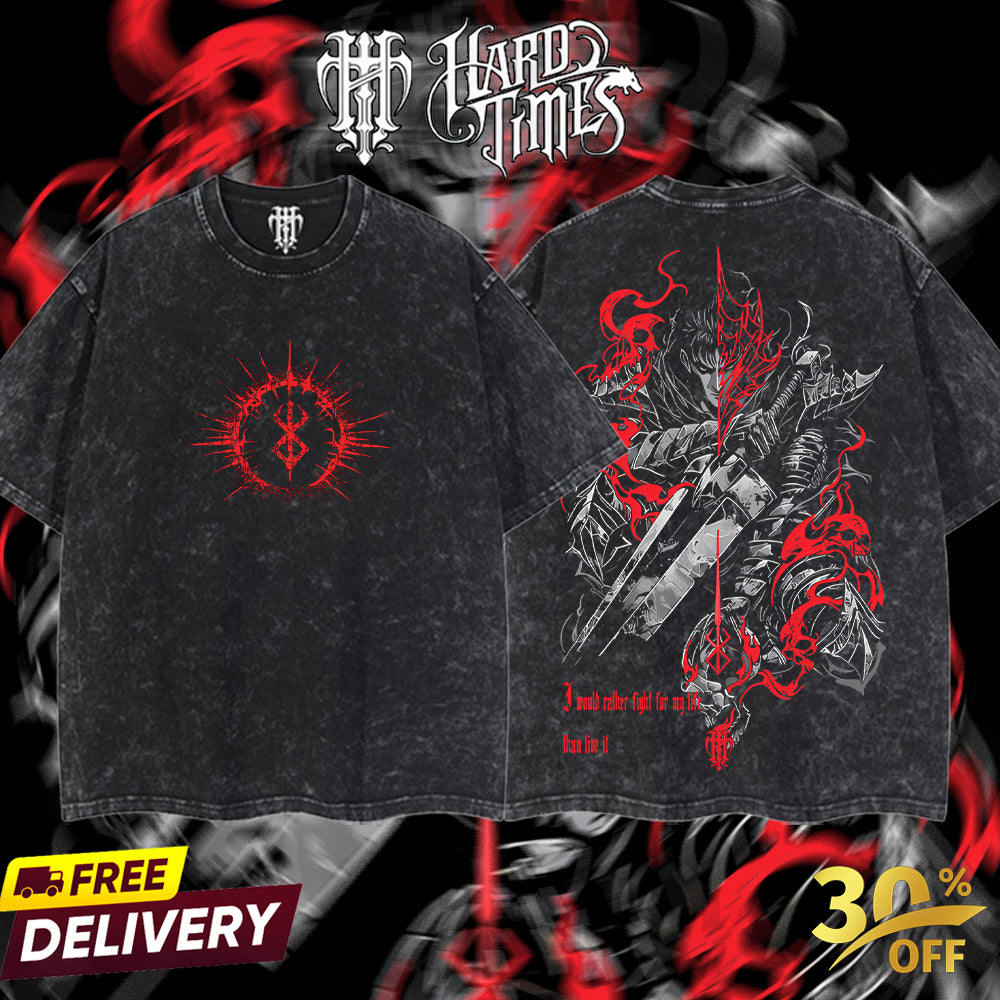HardTimesClothing - Guts Berserk Retro Vintage Unisex Oversize Anime Manga Acid Washed Heavyweight Cotton T-shirt, Anime Merch, Gift For Anime Fan. Clothes Oversized