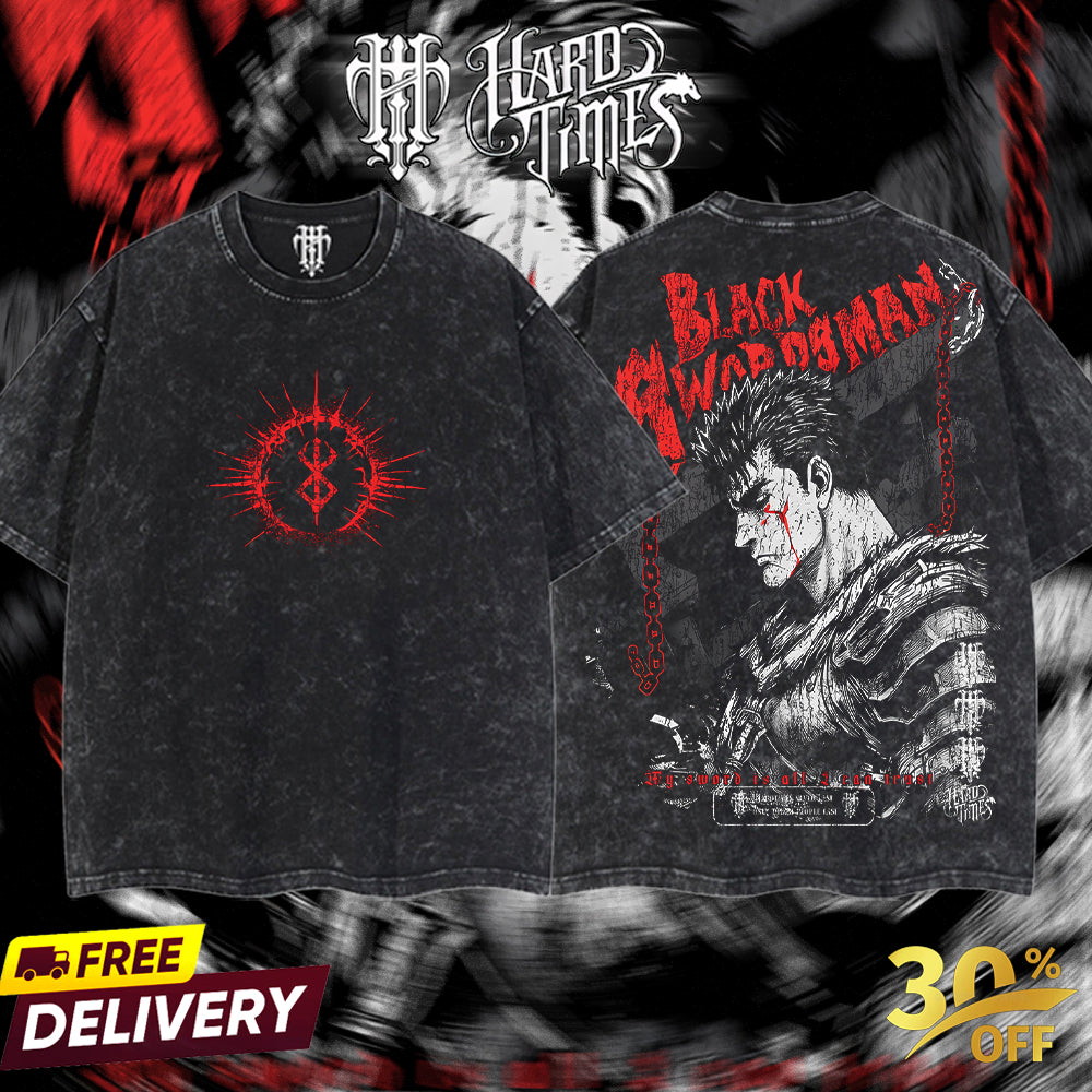 HardTimesClothing - Guts Berserk Retro Vintage Unisex Oversize Anime Manga Acid Washed Heavyweight Cotton T-shirt, Anime Merch, Gift For Anime Fan. Clothes Oversized