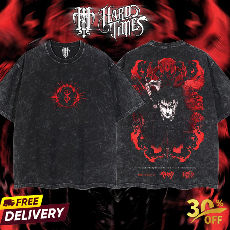 HardTimesClothing - Guts Berserk Vintage Unisex Oversize Anime Manga Acid Washed Heavyweight Cotton T-shirt, graphic tee,anime merch fan, outfits men