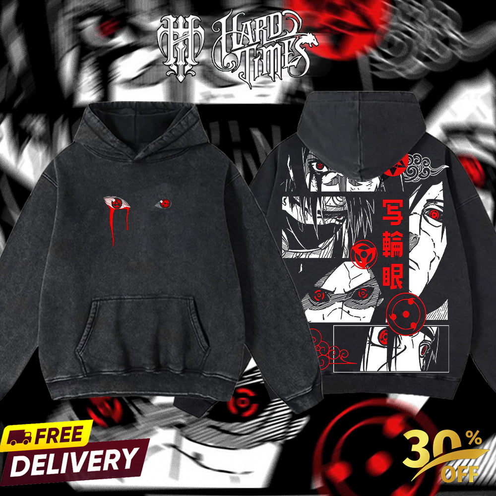 HardTimesClothing - Uchiha Clan Sharingan Naruto Anime Double Printed Oversize Lightweight Acid Washed Tee Clothes Cotton Menswear Soft T-Shirt Top Man Classic