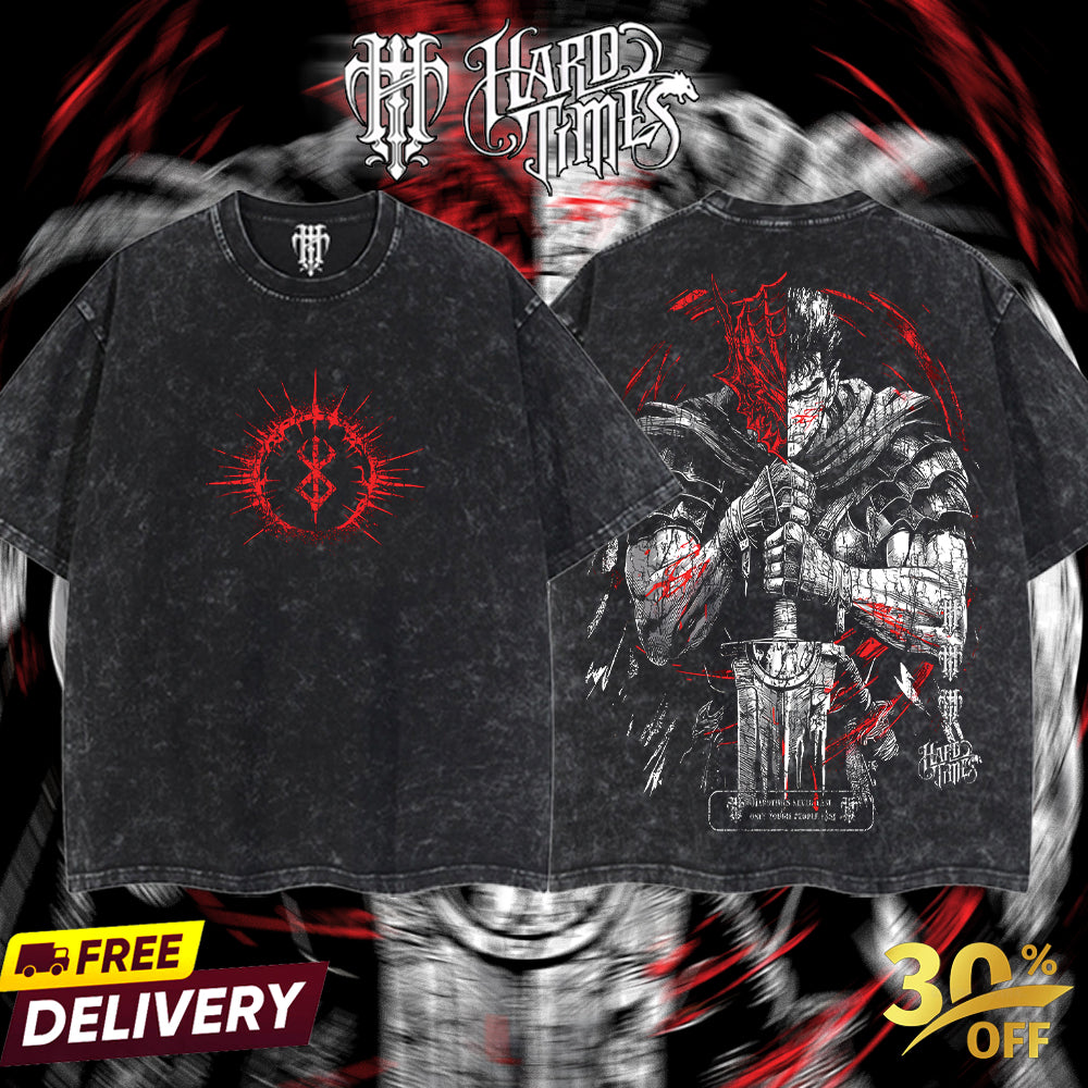 HardTimesClothing - Guts Berserk Retro Vintage Unisex Oversize Anime Manga Acid Washed Heavyweight Cotton T-shirt, Anime Merch, Gift For Anime Fan. Clothes Oversized