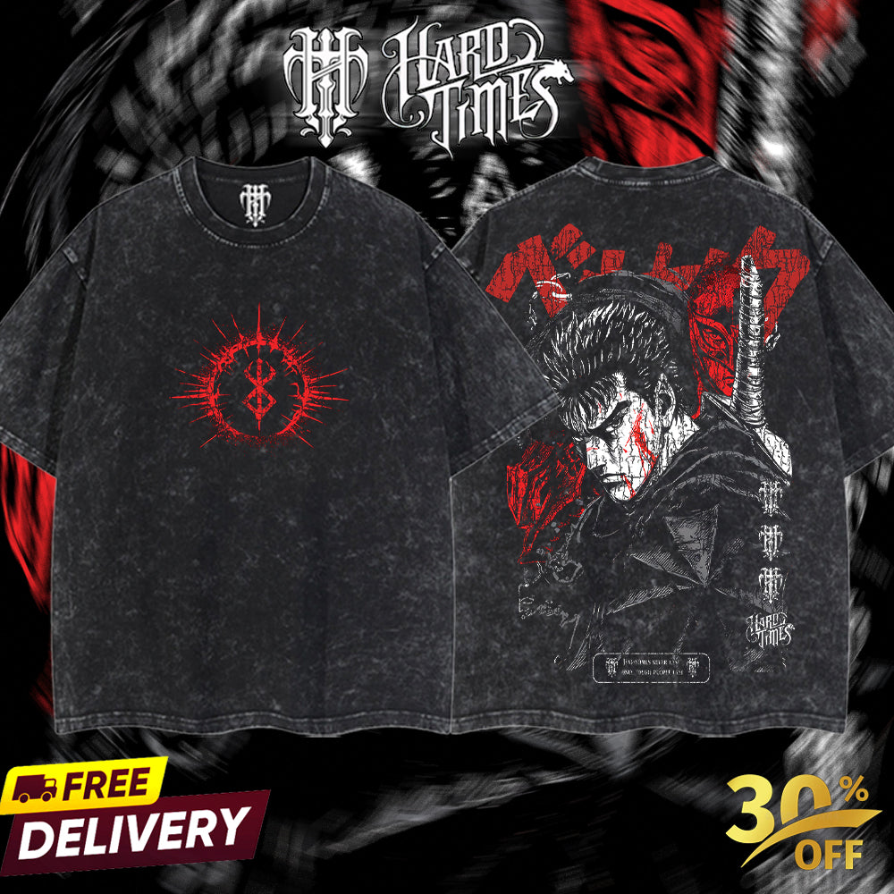 HardTimesClothing - Guts Berserk Retro Vintage Unisex Oversize Anime Manga Acid Washed Heavyweight Cotton T-shirt, Anime Merch, Gift For Anime Fan. Clothes Oversized