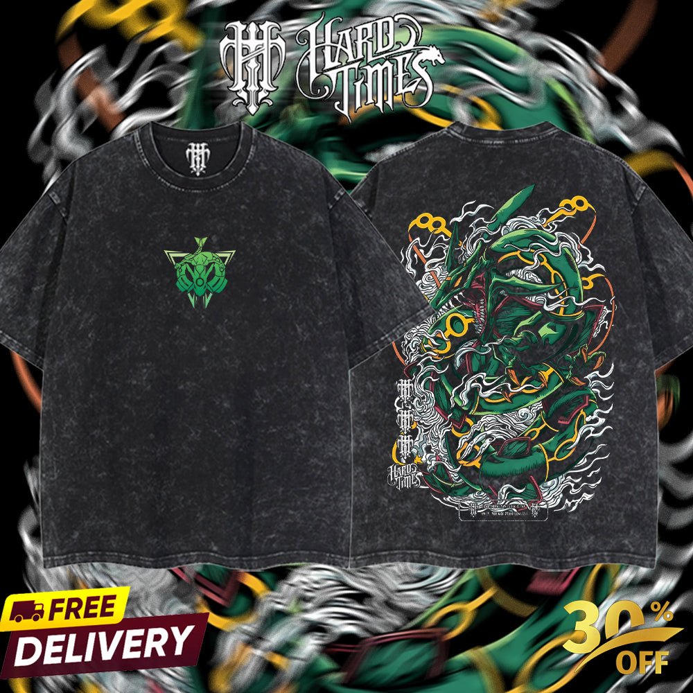 HardTimeClothing - Rayquaza Pokemon Retro Vintage Unisex Oversize Anime Manga Acid Washed Heavyweight Cotton T-shirt, Anime Merch, Gift For Anime Fan. Clothes Oversized.