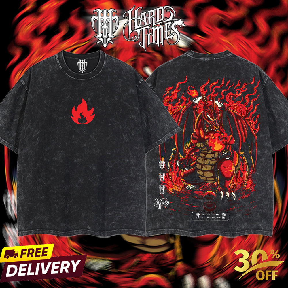 HardTimeClothing - Charlizard Fire Type Pokemon Retro Vintage Unisex Oversize Anime Manga Acid Washed Heavyweight Cotton T-shirt, Anime Merch, Gift For Anime Fan. Clothes Oversized.