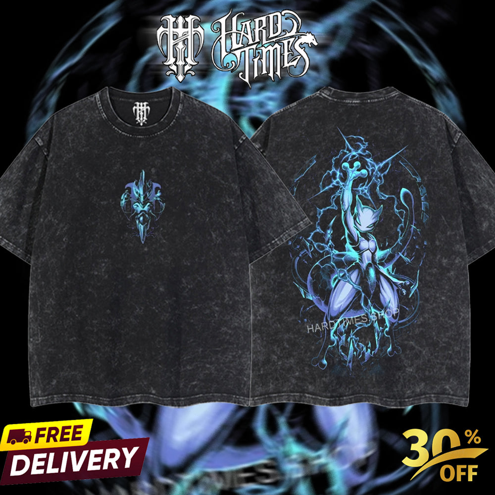 HardTimeClothing - Meotwo Pokemon Retro Vintage Unisex Oversize Anime Manga Acid Washed Heavyweight Cotton T-shirt, Anime Merch, Gift For Anime Fan. Clothes Oversized