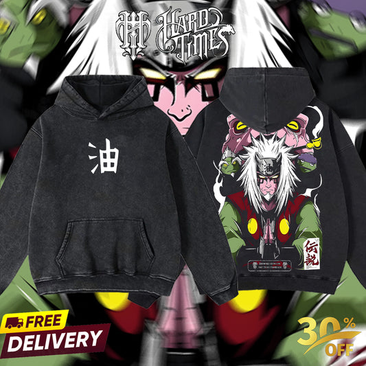HardTimesClothing - Jiraiya Sannin Naruto Anime Limited Edition Death Reaper Seal Double Printed Oversize Lightweight Acid Washed Hoodie, graphic hoodies men streetwear