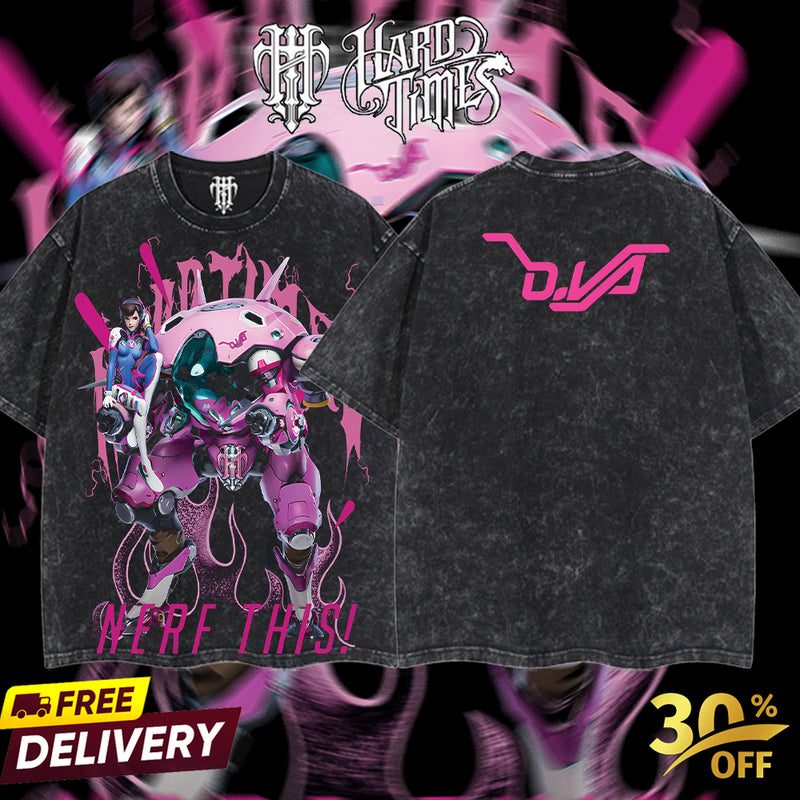 HardTimesClothing - D.va Overwatch, Blizzard Collection Game Oversized Washed Tee Acid Washed Lightweight TSHIRT, Gift for him her Clothes Cotton